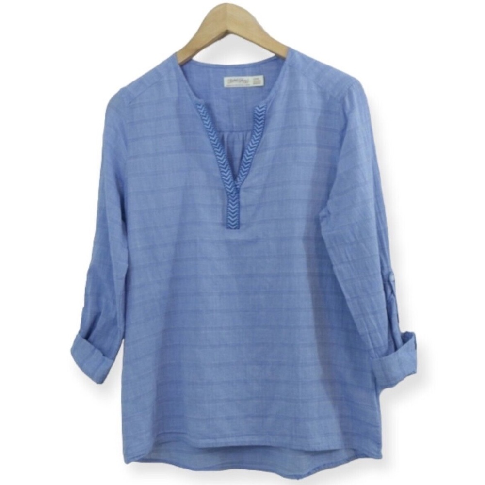 Faded Glory Blue Cotton Embroidered Popover V Neck 3/4 Tab Sleeve Top Sz L